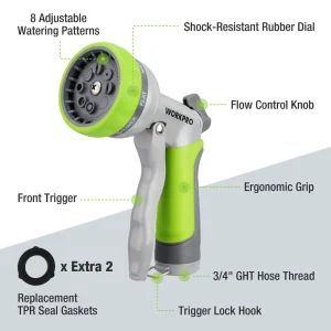 WORKPRO Garden High Pressure Water Hose Nozzle Sprayer with 8 Adjustable Watering Patterns & Thumb C - view 2