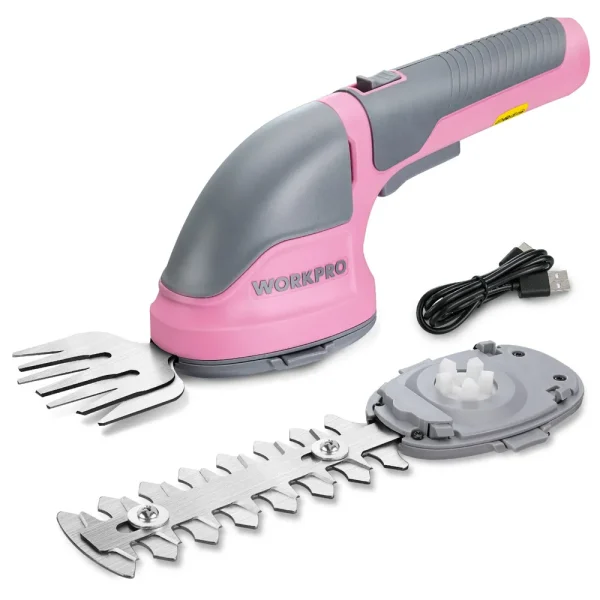 WORKPRO 2 in 1 Handheld 3.6V Electric Cordless Shrubbery Trimmer Hedge Shears/Grass Cutter – Pink Ribbon