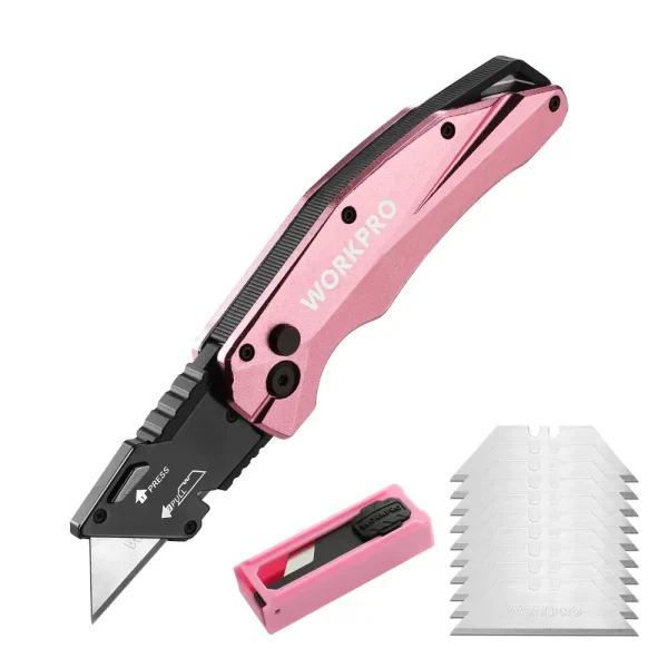 WORKPRO Pink Folding Aluminum Utility Knife, 10 Extra Blades Include – Pink Ribbon