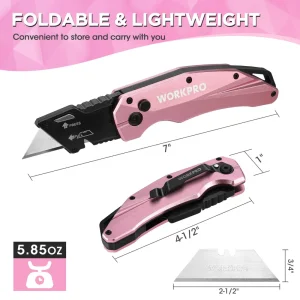 WORKPRO Pink Folding Aluminum Utility Knife, 10 Extra Blades Include – Pink Ribbon - view 2