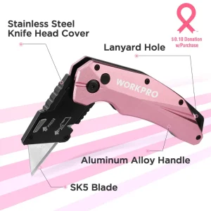 WORKPRO Pink Folding Aluminum Utility Knife, 10 Extra Blades Include – Pink Ribbon - view 4