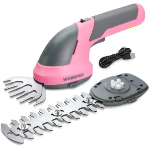 WORKPRO 2 in 1 Handheld 7.2V Electric Cordless Shrubbery Trimmer Hedge Shears/Grass Cutter – Pink Ribbon