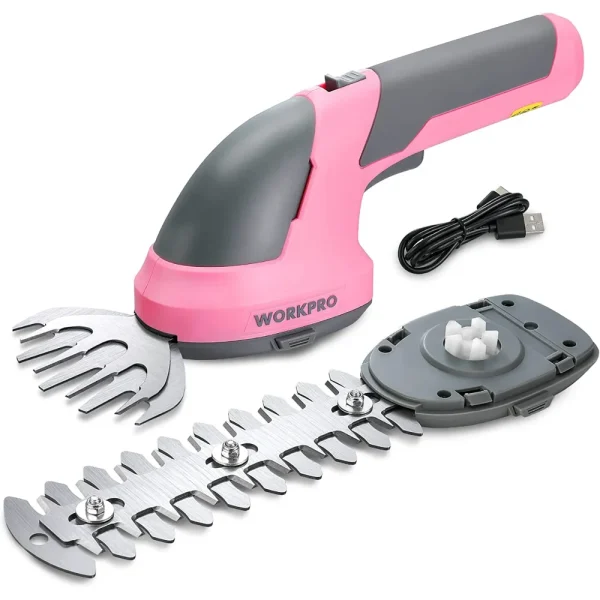 WORKPRO 2 in 1 Handheld 7.2V Electric Cordless Shrubbery Trimmer Hedge Shears/Grass Cutter – Pink Ribbon