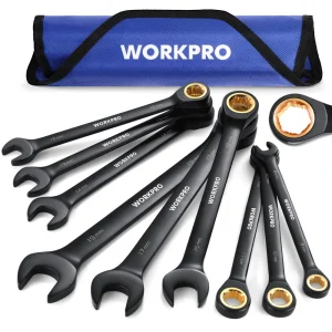 WORKPRO 9 Pcs Black Anti-Slip Ratcheting Combination Wrench Set, Metric 8-19 mm, SAE 1/4″-3/4″, 72-Teeth, Cr-V Constr...