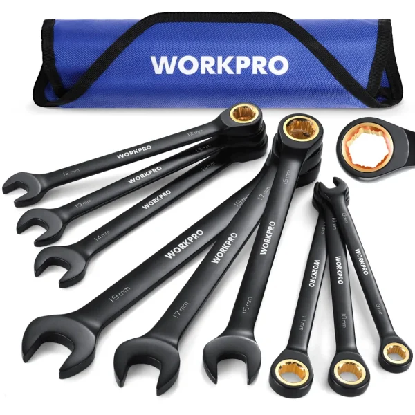 WORKPRO 9 Pcs Black Anti-Slip Ratcheting Combination Wrench Set, Metric 8-19 mm, SAE 1/4″-3/4″, 72-Teeth, Cr-V Constr...