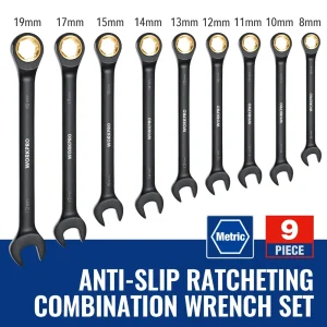 WORKPRO 9 Pcs Black Anti-Slip Ratcheting Combination Wrench Set, Metric 8-19 mm, SAE 1/4″-3/4″, 72-T - view 2
