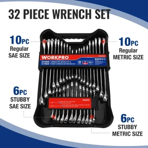 WORKPRO 32 Pcs SAE & Metric Combination 12 PT Regular and Stubby Wrench Set - view 3
