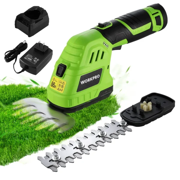 WORKPRO 2 in 1 12V Electric Cordless Grass Hedge Shear & Handheld Shrubbery Trimmer, with 2.0Ah Rechargeable Lithium-...