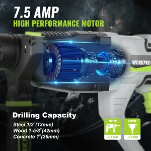 WORKPRO 7.5AMP 1-1/4 Inch Premium SDS-Plus Rotary Hammer Drill, Lightweight Corded Version - view 4