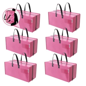 WORKPRO 6 Pack Extra Large Heavy-Duty Storage Moving Tote Bags with Zippers & Carrying Handles Backpack Straps – Pink...
