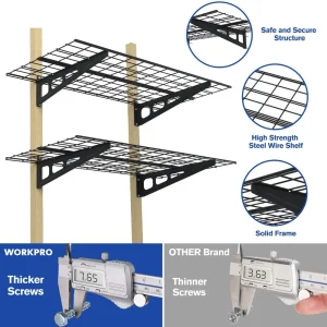 WORKPRO 2-Pack 2x4FT Heavy Duty Garage Wall Mounted Shelving, 48” x 24” , 400lbs Load Capacity (Total), Black - view 3