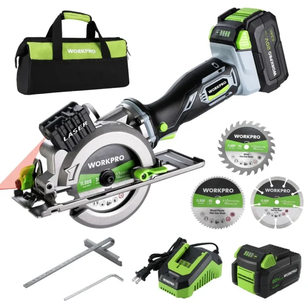 WORKPRO 4-1/2″ Compact Cordless Mini Circular Saw, 20V 4.0Ah Battery, Fast Charger, 3 Saw Blades, 4500RPM