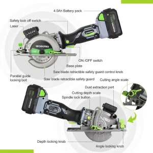 WORKPRO 4-1/2″ Compact Cordless Mini Circular Saw, 20V 4.0Ah Battery, Fast Charger, 3 Saw Blades, 4500RPM - view 2