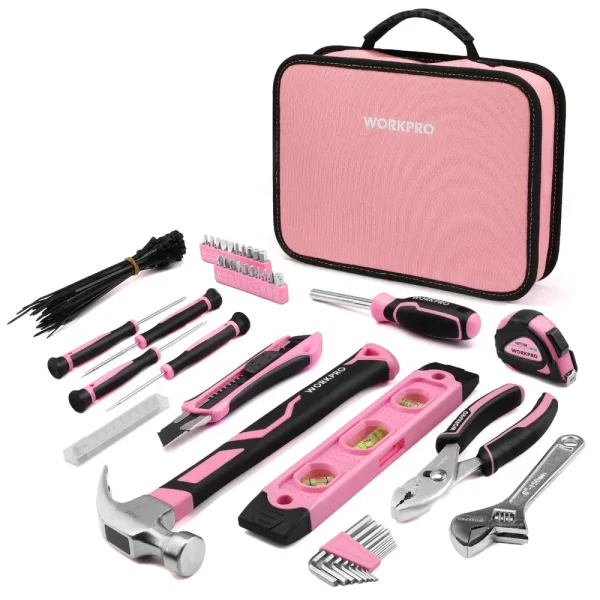 WORKPRO 100 Pcs Pink Household Tool Kit – Pink Ribbon