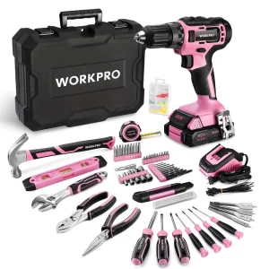 WORKPRO 20V Pink Cordless Drill Driver and 141 Pcs Home Tool Set – Pink Ribbon