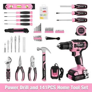 WORKPRO 20V Pink Cordless Drill Driver and 141 Pcs Home Tool Set – Pink Ribbon - view 2