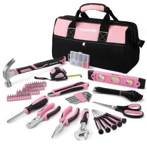 WORKPRO 263-Piece Pink Home Repairing Tool Set with Wide Mouth Open Storage Bag – Pink Ribbon