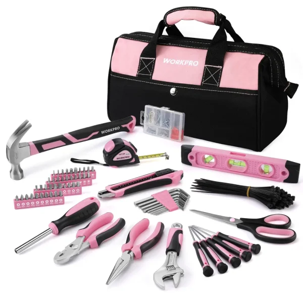 WORKPRO 263-Piece Pink Home Repairing Tool Set with Wide Mouth Open Storage Bag – Pink Ribbon