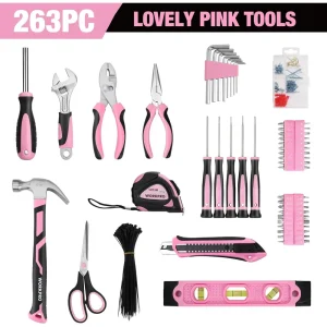 WORKPRO 263-Piece Pink Home Repairing Tool Set with Wide Mouth Open Storage Bag – Pink Ribbon - view 2