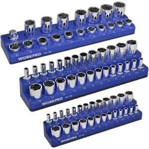 WORKPRO 1/4″, 3/8″, 1/2″ Dr Metric/SAE Magnetic Socket Organizer Set (Socket not Included)