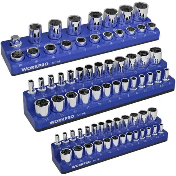 WORKPRO 1/4″, 3/8″, 1/2″ Dr Metric/SAE Magnetic Socket Organizer Set (Socket not Included)