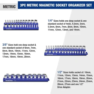 WORKPRO 1/4″, 3/8″, 1/2″ Dr Metric/SAE Magnetic Socket Organizer Set (Socket not Included) - view 2