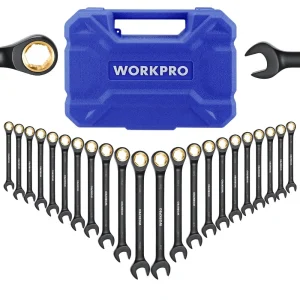 WORKPRO 22-piece Regular/Flex-head Ratcheting Wrench Set Anti-Slip Tooth with Organizer Box, Metric 6-18mm & SAE 1/4-...