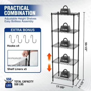 WORKPRO 5-Tier Metal Storage Shelving, 17-3/8″W x 11-1/2″D x 51-1/2″H, 550 LBS Load Capacity - view 3