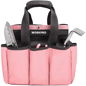WORKPRO Garden Tool Bag, Pink Garden Tote Storage Bag with 8 Pockets, Polyester Oxford Cloth Tool Bag, Garden Tool Ki...