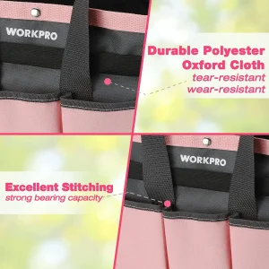 WORKPRO Garden Tool Bag, Pink Garden Tote Storage Bag with 8 Pockets, Polyester Oxford Cloth Tool Ba - view 3