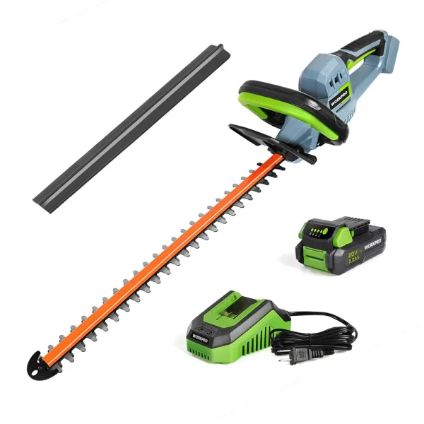 WORKPRO 20V Cordless Hedge Trimmer, 20″ Dual Action Blades Electric Hedge Trimmer, with Battery and Charger (W)