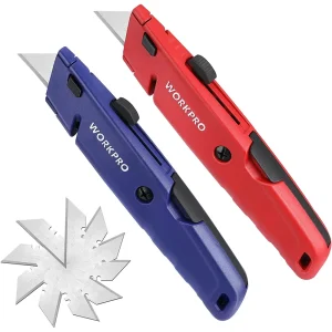 WORKPRO Retractable Box Cutters with Extra Blade Storage, Quick-Change Utility Knife with Twine Cutter, Heavy Duty Al...