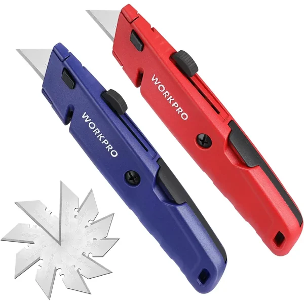 WORKPRO Retractable Box Cutters with Extra Blade Storage, Quick-Change Utility Knife with Twine Cutter, Heavy Duty Al...