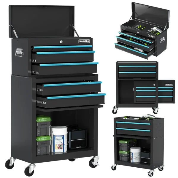 WORKPRO 24.5 inch 5-Drawer Rolling Tool Chest, Sliding Metal Drawer Rolling Tool Storage Cabinet, Removable Toolbox O...