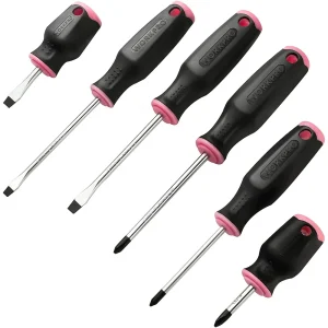 WORKPRO 6-Piece Pink Magnetic Screwdrivers Set, Includes 3 Slotted & 3 Phillips Screwdrivers, Stubby Screwdrivers, Cr...