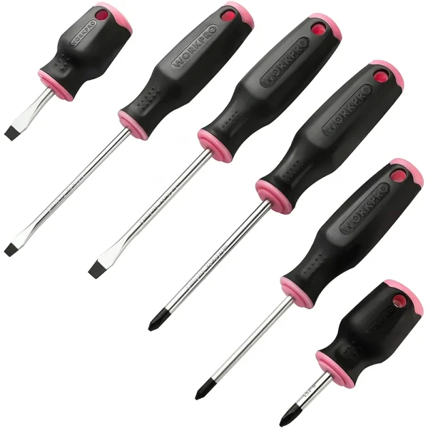 WORKPRO 6-Piece Pink Magnetic Screwdrivers Set, Includes 3 Slotted & 3 Phillips Screwdrivers, Stubby Screwdrivers, Cr...
