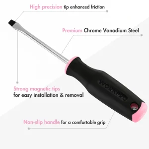 WORKPRO 6-Piece Pink Magnetic Screwdrivers Set, Includes 3 Slotted & 3 Phillips Screwdrivers, Stubby - view 2