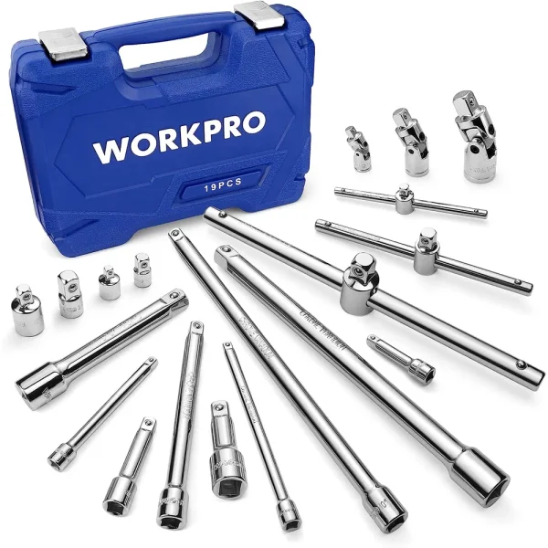 WORKPRO 19-Piece Drive Socket Extensions Set, Includes Socket Adapters, Extensions, Universal Joints and Sliding Bar ...