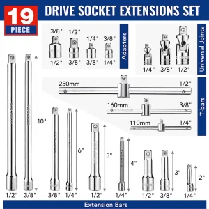 WORKPRO 19-Piece Drive Socket Extensions Set, Includes Socket Adapters, Extensions, Universal Joints - view 2
