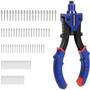 WORKPRO 10-Inch Pop Rivet Gun, Heavy Duty Riveter with 3 Interchangeable Heads (3 Nosepieces) and 100pcs Rivets, 5-in...