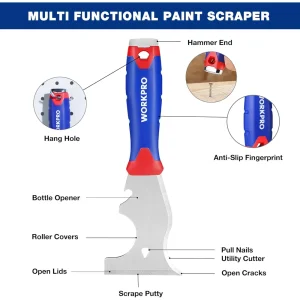 WORKPRO Paint Scraper, 8 in 1 Paint Remover, Metal Putty Knife with Hammer End and Can Opener, Stain - view 2