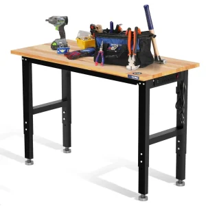 WORKPRO 48″x22″ Adjustable Workbench 1500 LBS Load Capacity Hardwood Worktable with Power Outlets, Leveling Foot