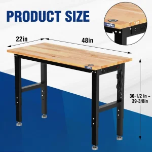 WORKPRO 48″x22″ Adjustable Workbench 1500 LBS Load Capacity Hardwood Worktable with Power Outlets, L - view 2