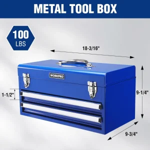 WORKPRO 18 Inch Portable Metal Tool Box with 2 Drawers and 1 Top Storage, Metal Latch and Liner, 100 - view 2