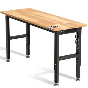 WORKPRO 60” x 24″ Adjustable Workbench 1500 LBS Load Capacity Hardwood Worktable with Power Outlets, Leveling Foot