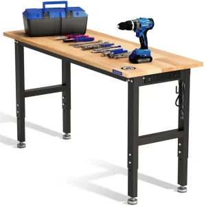 WORKPRO 60” x 24″ Adjustable Workbench 1500 LBS Load Capacity Hardwood Worktable with Power Outlets, - view 2