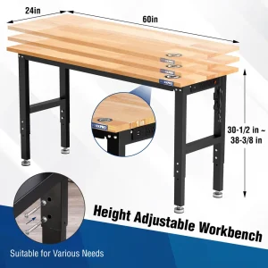 WORKPRO 60” x 24″ Adjustable Workbench 1500 LBS Load Capacity Hardwood Worktable with Power Outlets, - view 4