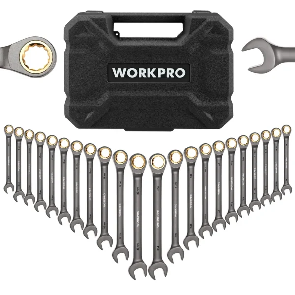 WORKPRO 22-Piece Regular/Flex-Head Ratcheting Wrench Set with Organizer Box, 72 Teeth, Metric 6-18mm & SAE 1/4-3/4″