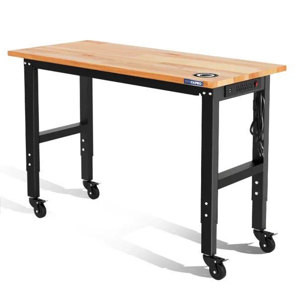 WORKPRO 48″X22″ Adjustable Heavy-Duty Rubber Wood Top Workbench with Casters and Power Outlets, 1000 LBS Stationary L...