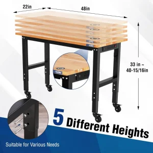 WORKPRO 48″X22″ Adjustable Heavy-Duty Rubber Wood Top Workbench with Casters and Power Outlets, 1000 - view 3